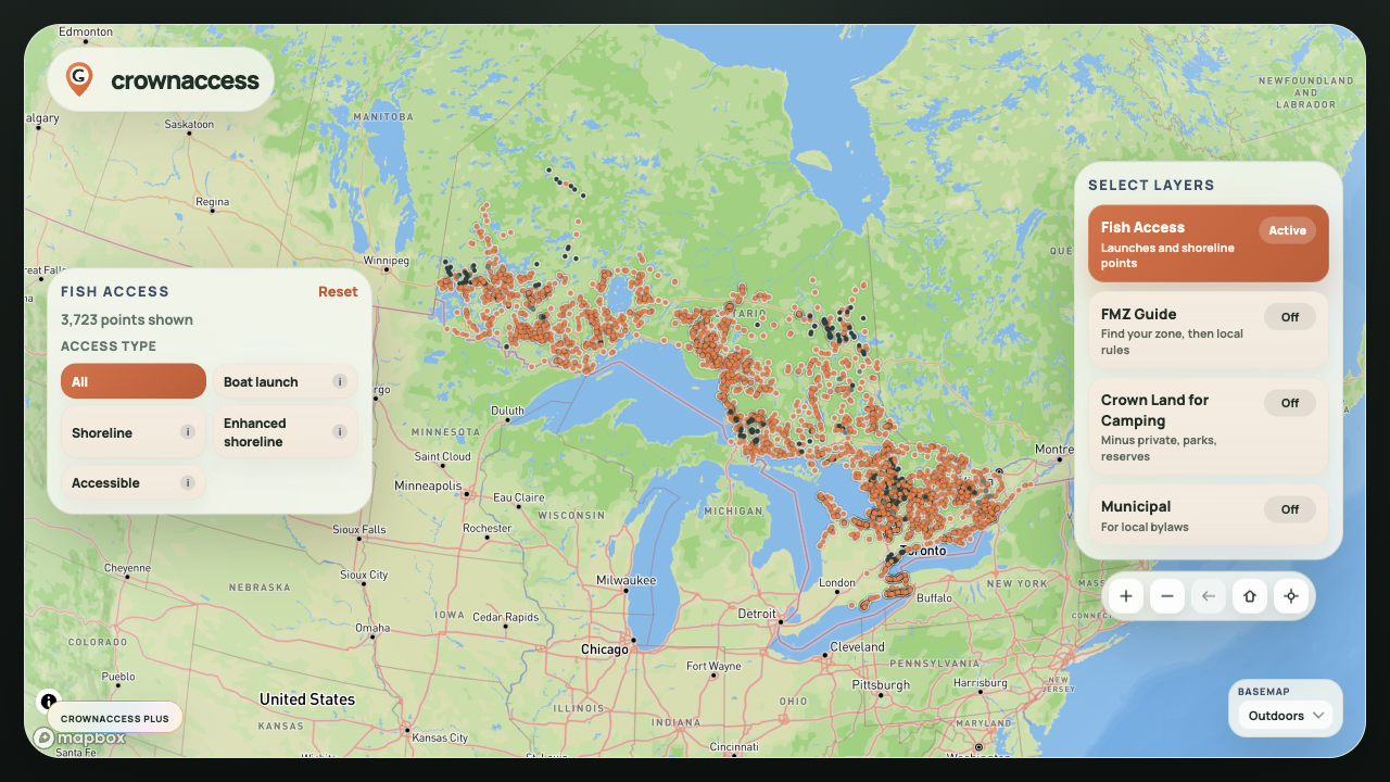 CrownAccess map layer picker showing map layers for public land and fishing planning.