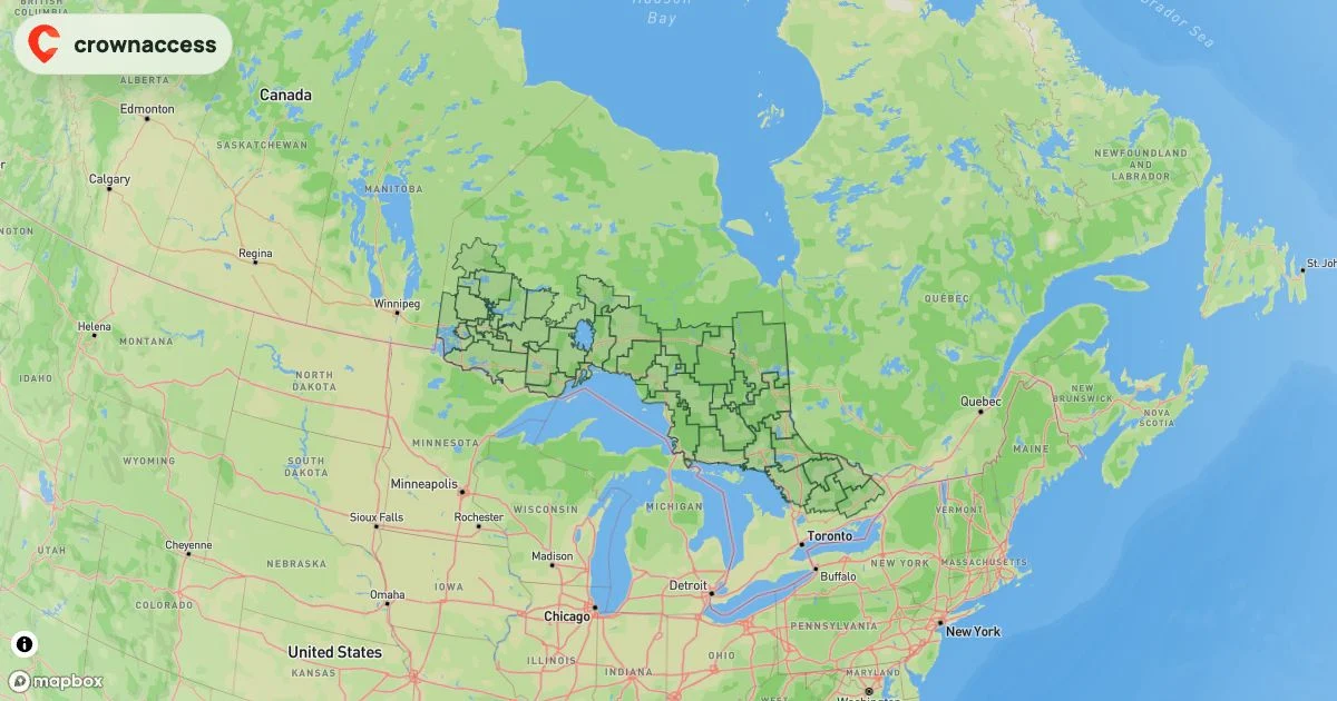 Zoomed-out CrownAccess Forestry map showing Ontario’s current forest management units and Sustainable Forest Licence areas